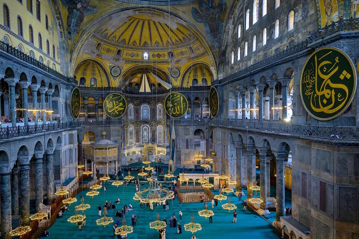 The dome and Byzantine mosaics inside Hagia Sophia