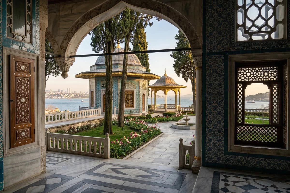 A tiled pavilion and courtyard inside Topkapı Palace